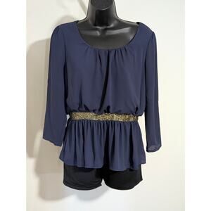 Miami Navy Blue Top Peplum Flounce Blouse Long Sleeve Size Small